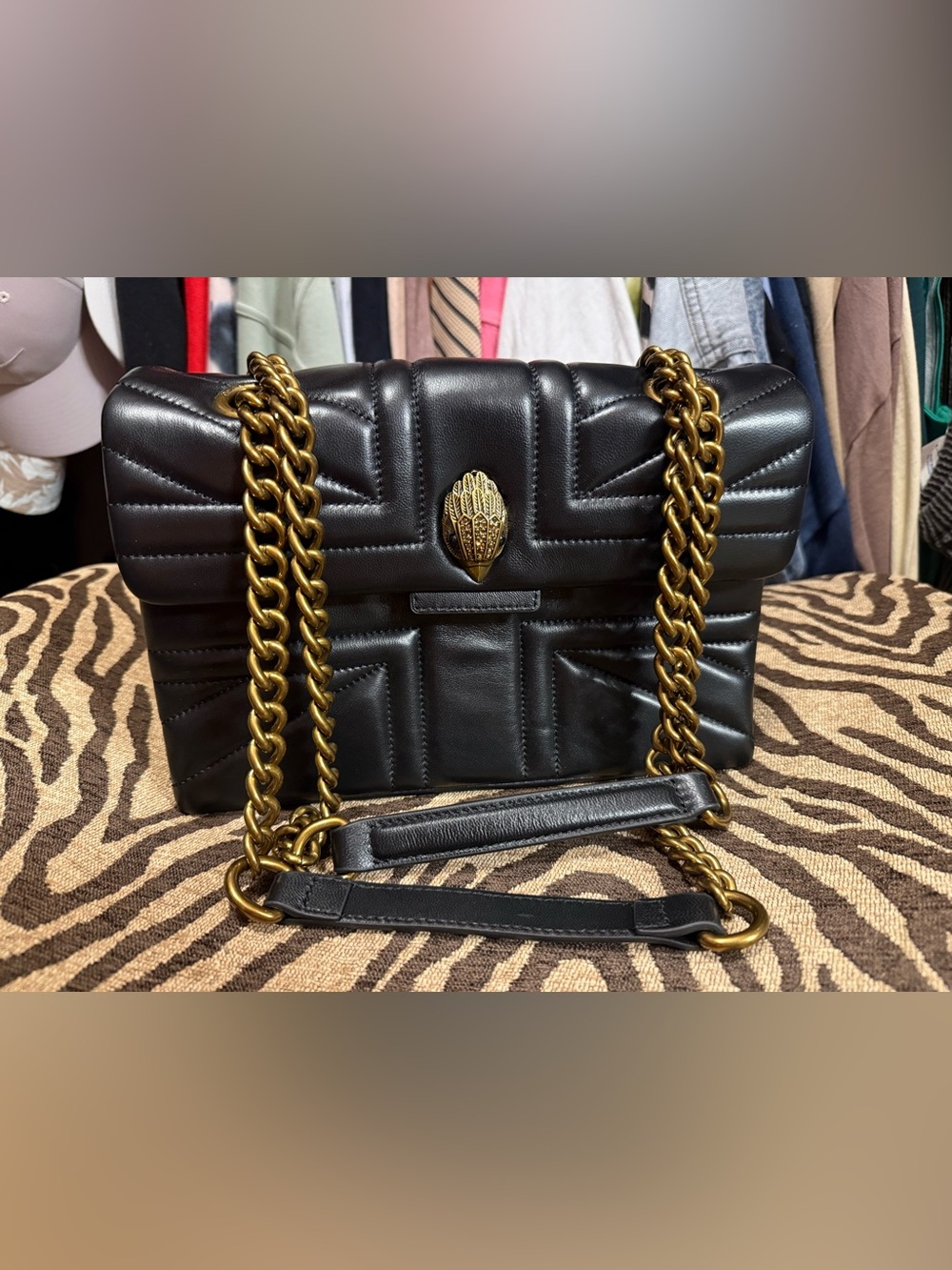 Kurt Geiger Black Quilted Shoulder Bag with Gold Chain